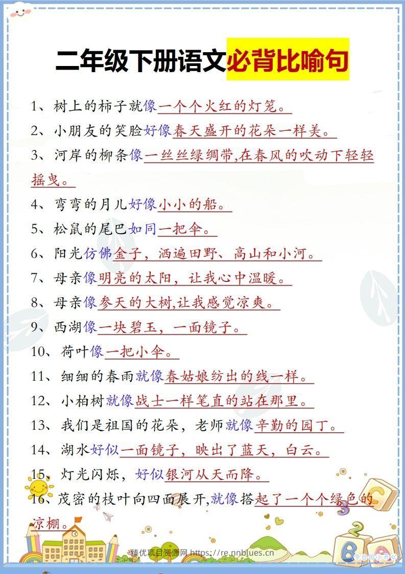 二下语文【必背比喻句汇总】 - 臻优资源网