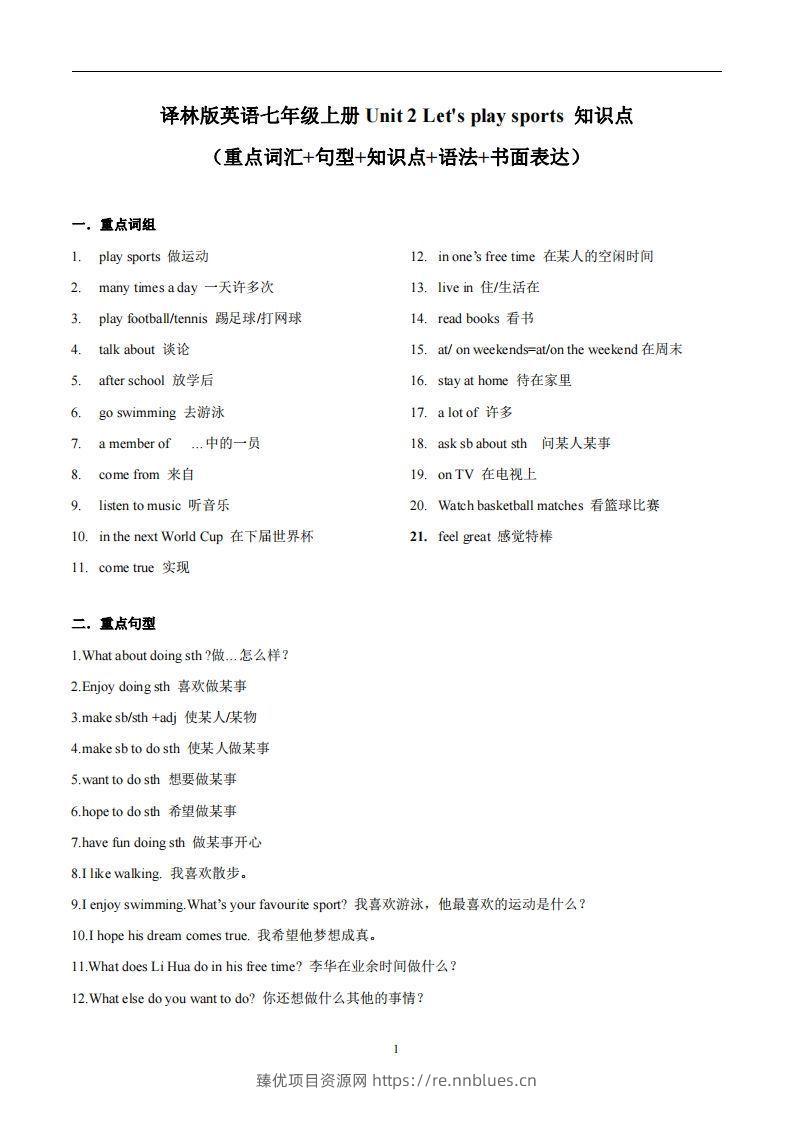 译林版英语七年级上册Unit2Let'splaysports知识点_ - 臻优资源网