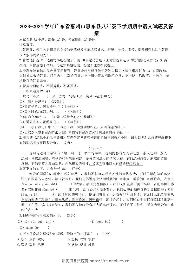 2023-2024学年广东省惠州市惠东县八年级下学期期中语文试题及答案(Word版) - 臻优资源网