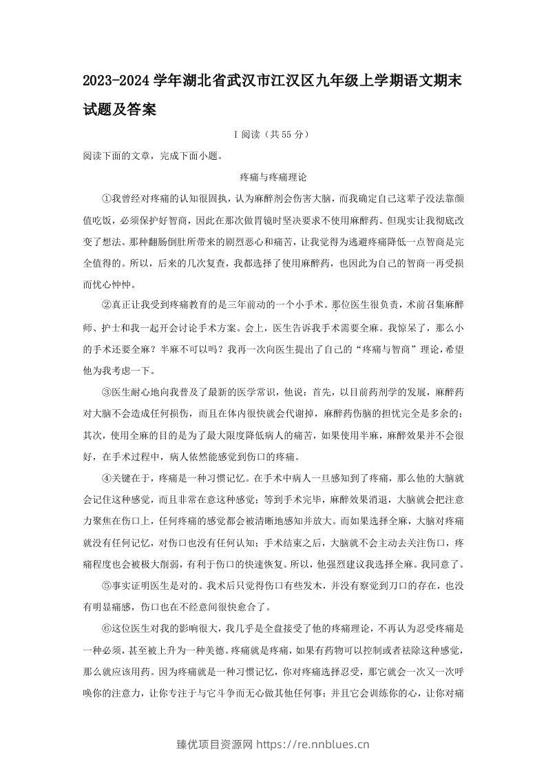 2023-2024学年湖北省武汉市江汉区九年级上学期语文期末试题及答案(Word版) - 臻优资源网