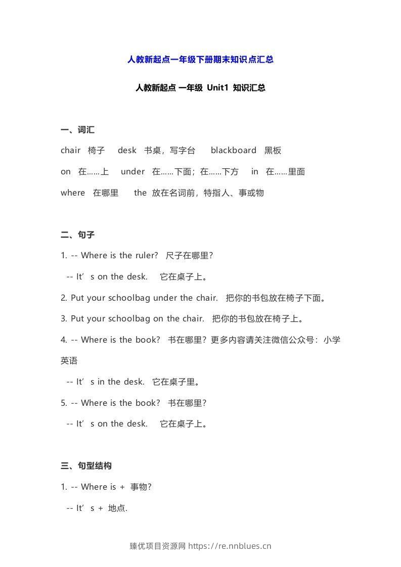 一年级英语下册期末知识点汇总8页 - 臻优资源网