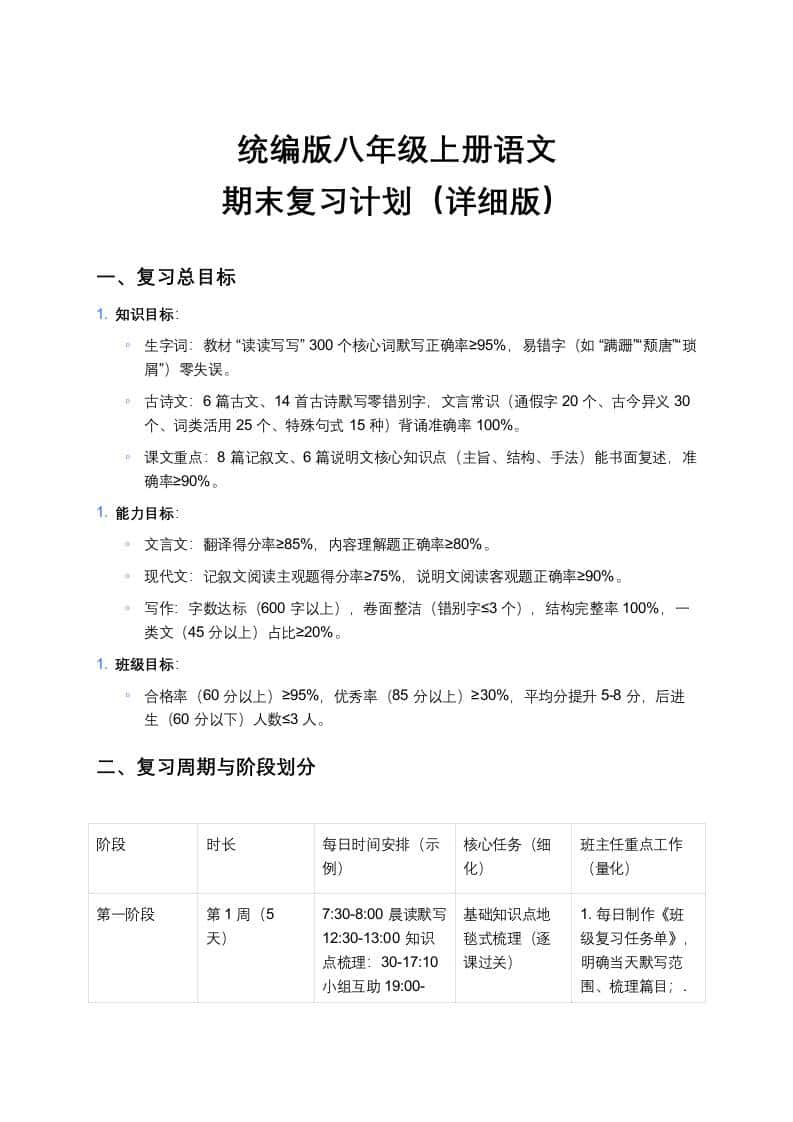 统编版八年级上册语文期末复习计划（详细版） - 臻优资源网