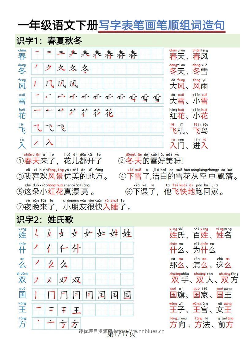1.19一年级语文下册写字表笔画笔顺组词造句 - 臻优资源网