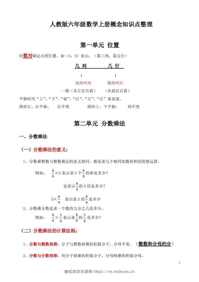 人教版六年级数学上册概念知识点整理 - 臻优资源网