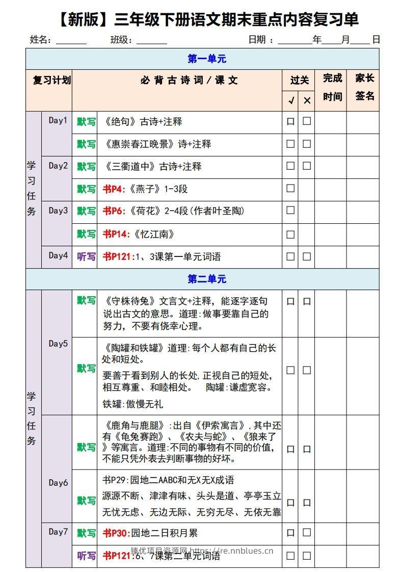 【新版】三年级下册语文期末重点内容复习单 - 臻优资源网
