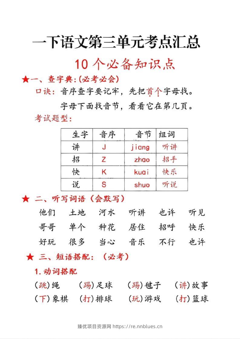 一年级下册语文第三单元10个必备知识点 - 臻优资源网
