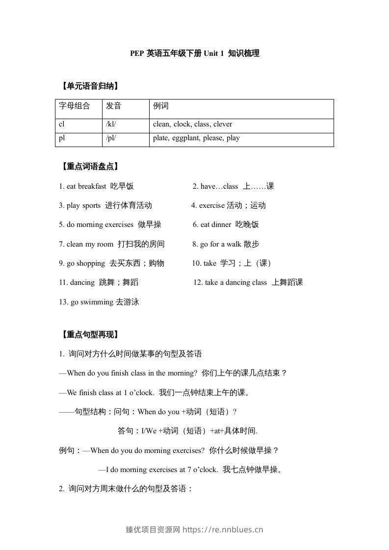 五年级英语下册【完美】单元知识梳理-Unit1Myday（人教PEP版） - 臻优资源网