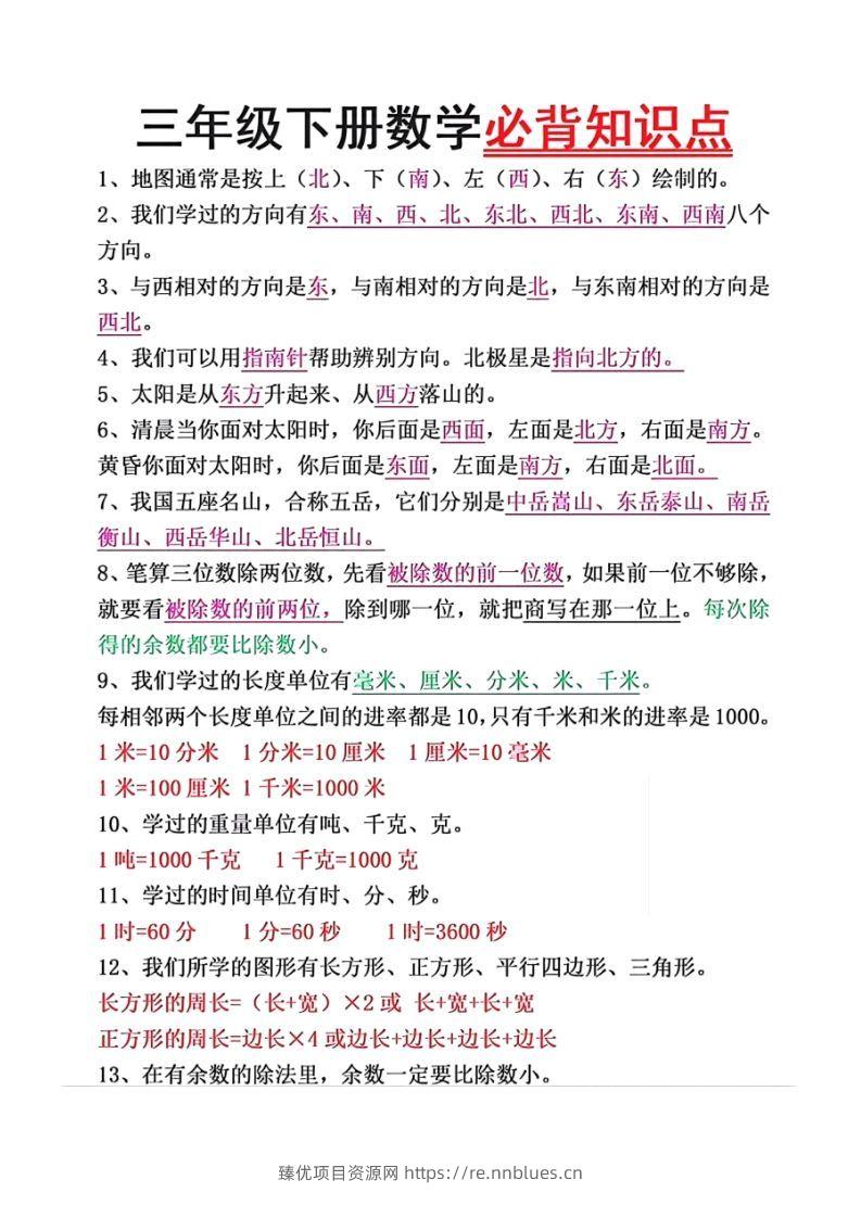 数学三年级下册必背知识点汇总 - 臻优资源网