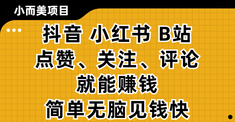 小而美的项目，抖音、小红书、B站视频点赞、关注、评论就能赚钱，简单无脑立见收益！妥妥的零撸项目 - 臻优资源网