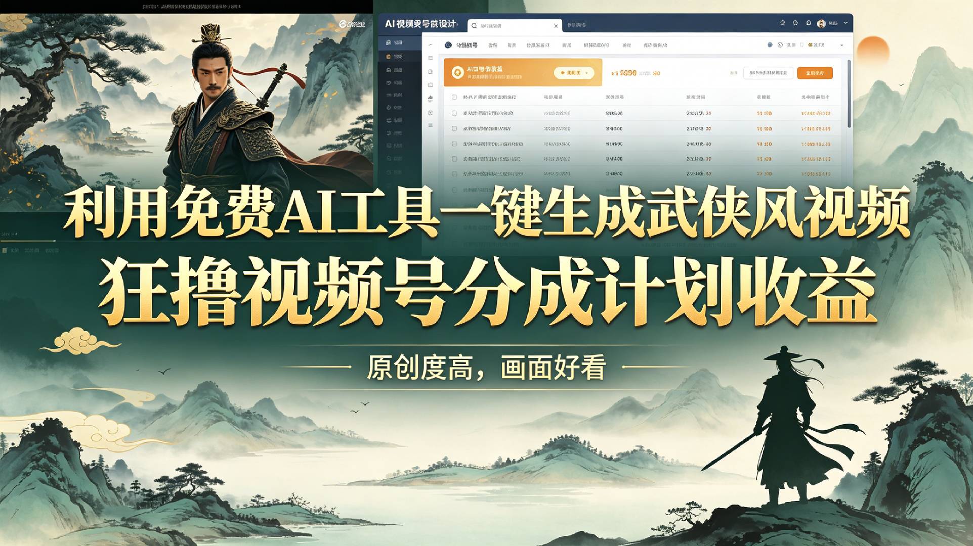 利用免费AI工具一键生成武侠风视频，狂撸视频号分成计划收益，原创度高，画面好看 - 臻优资源网