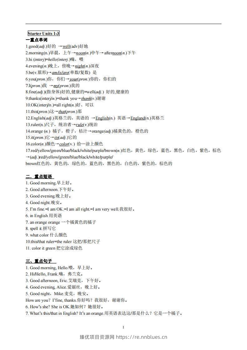 3.人教版七年级上英语StarterUnits1-3复习提纲 - 臻优资源网