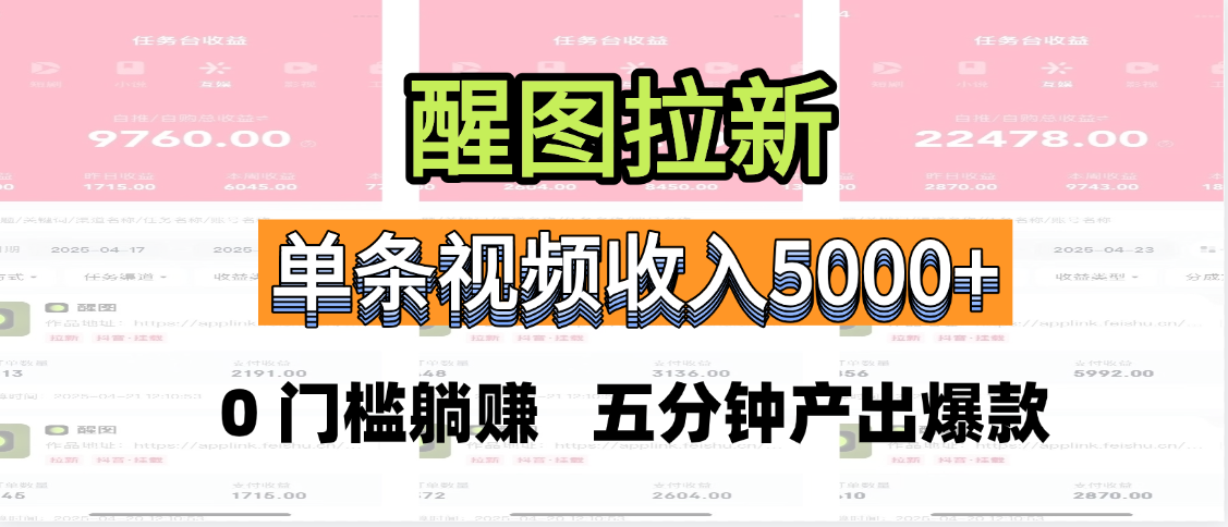 醒图拉新，0 门槛躺赚，五分钟产出爆款，单条视频收入5000+ - 臻优资源网