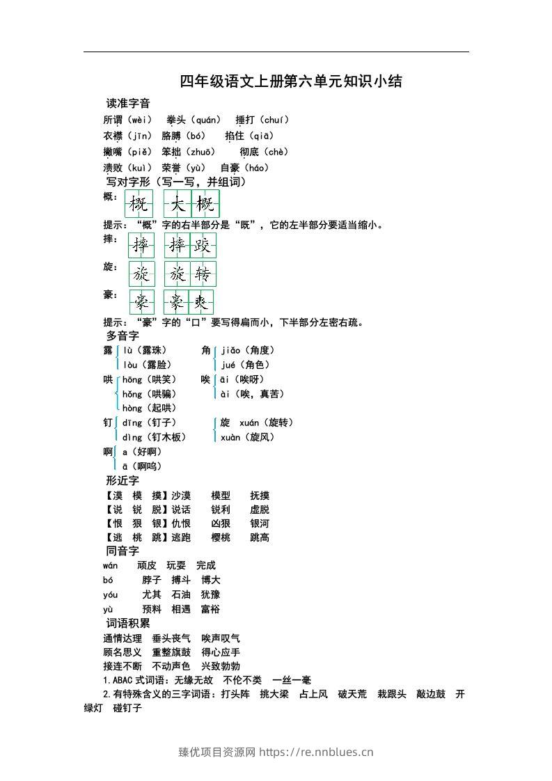 四（上）语文第六单元知识重点 - 臻优资源网