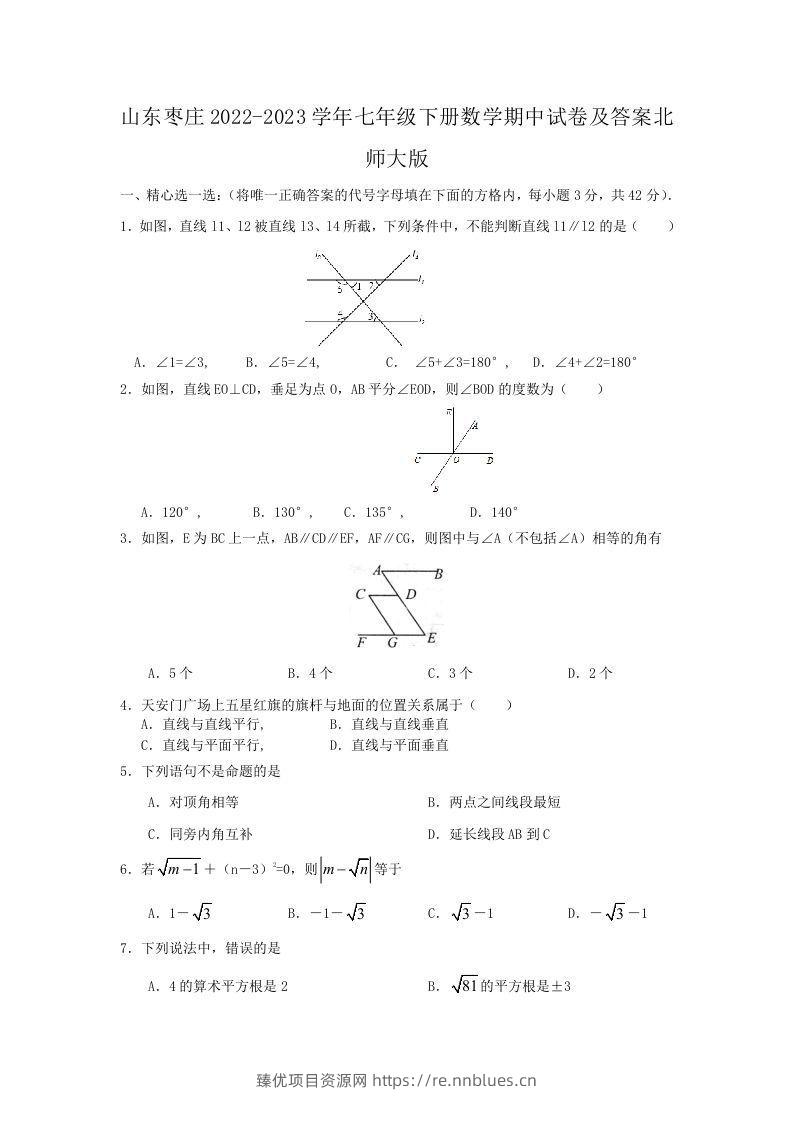 山东枣庄2022-2023学年七年级下册数学期中试卷及答案北师大版(Word版) - 臻优资源网