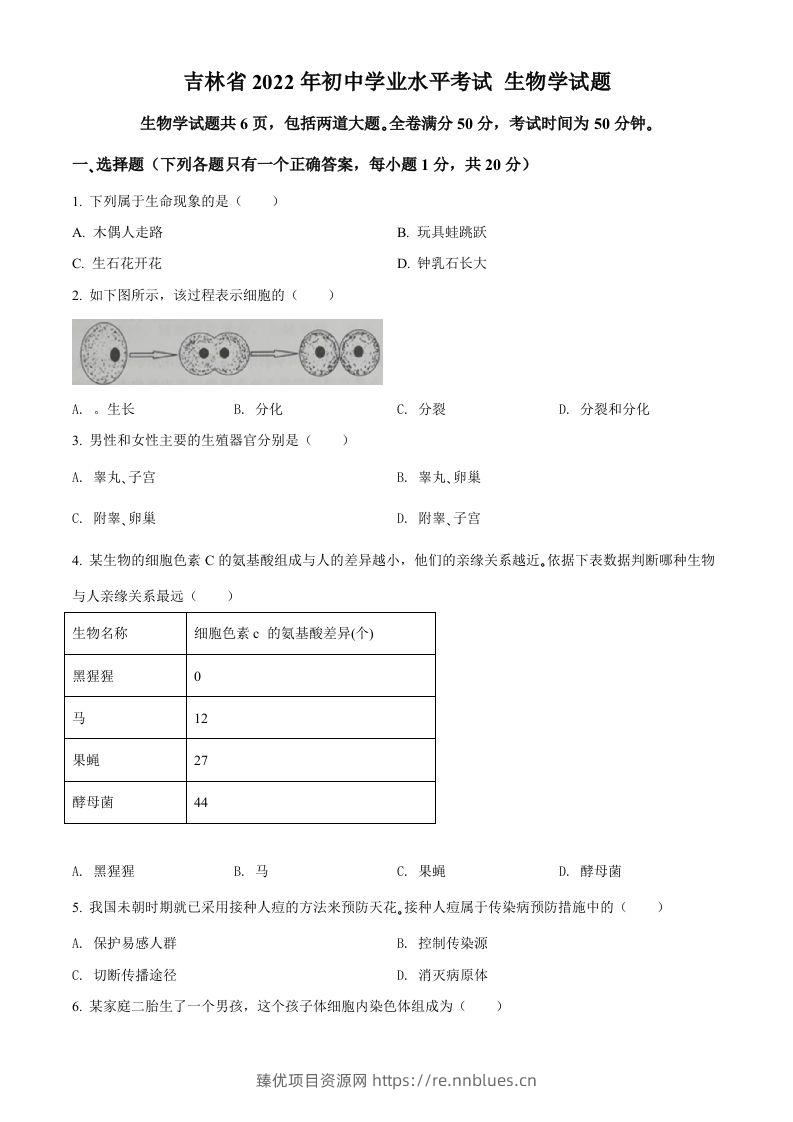 2022年吉林省大安市中考生物真题（空白卷） - 臻优资源网