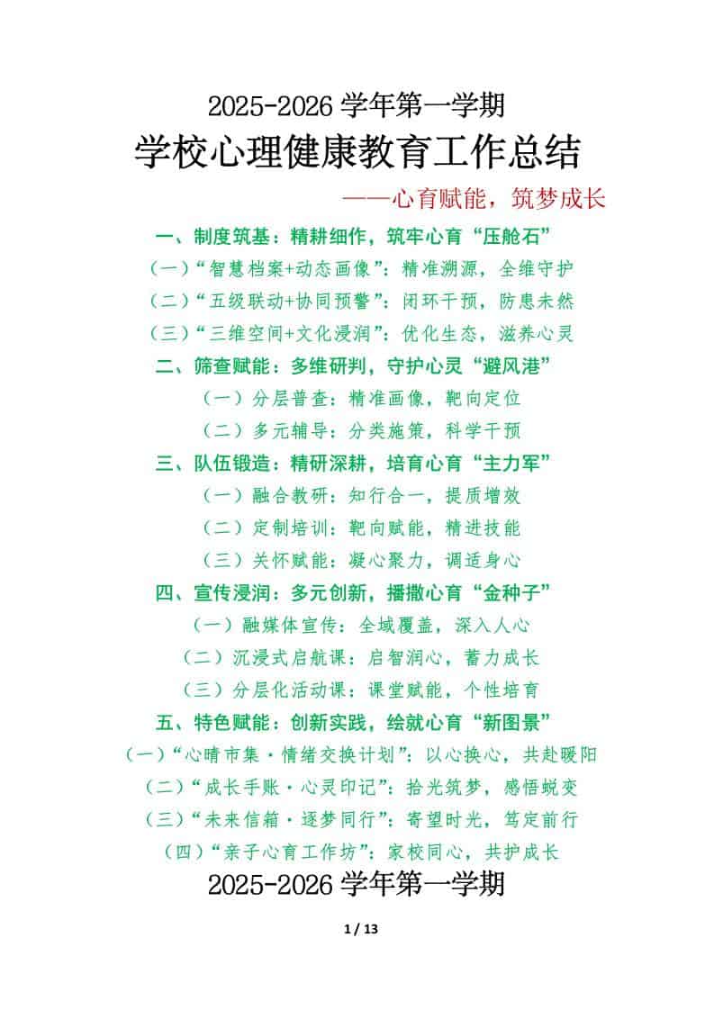 2025年秋季第一学期学校心理健康教育工作总结：心育赋能，筑梦成长 - 臻优资源网