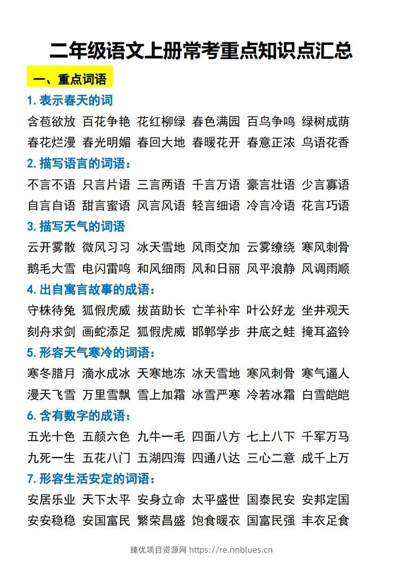 二年级语文上册常考重点知识点汇总必背 - 臻优资源网