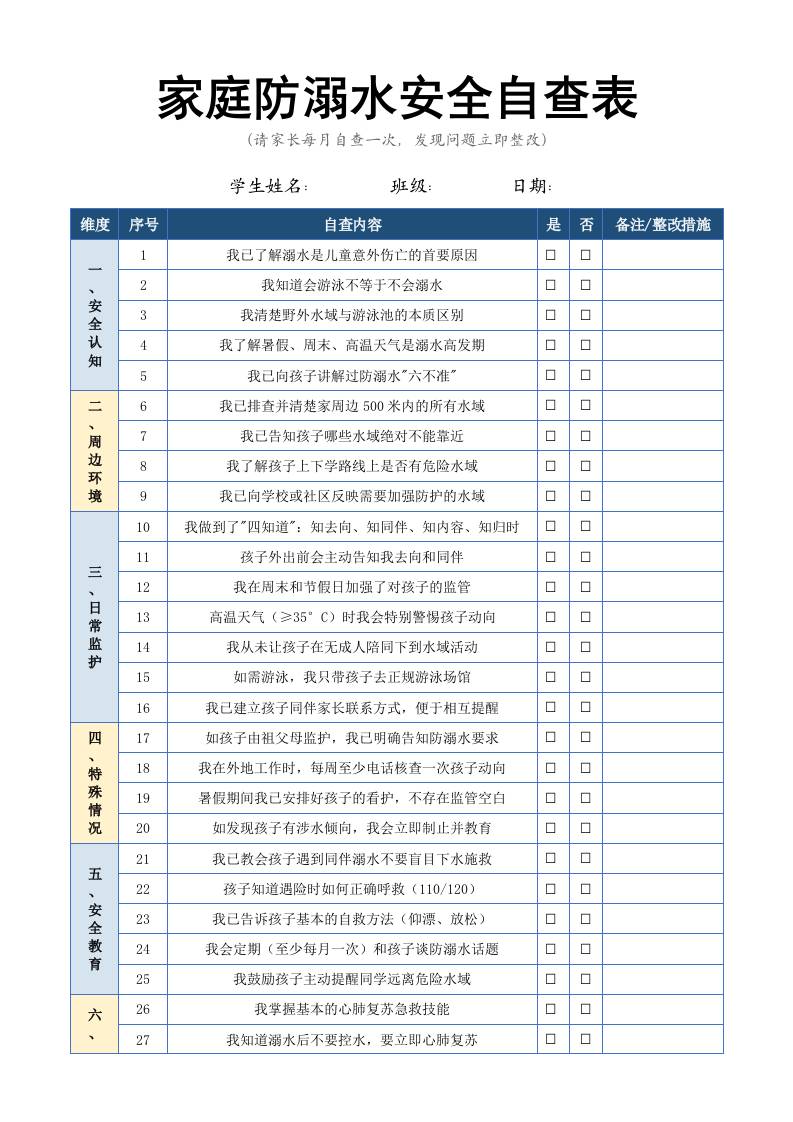 家庭防溺水安全自查表 - 臻优资源网