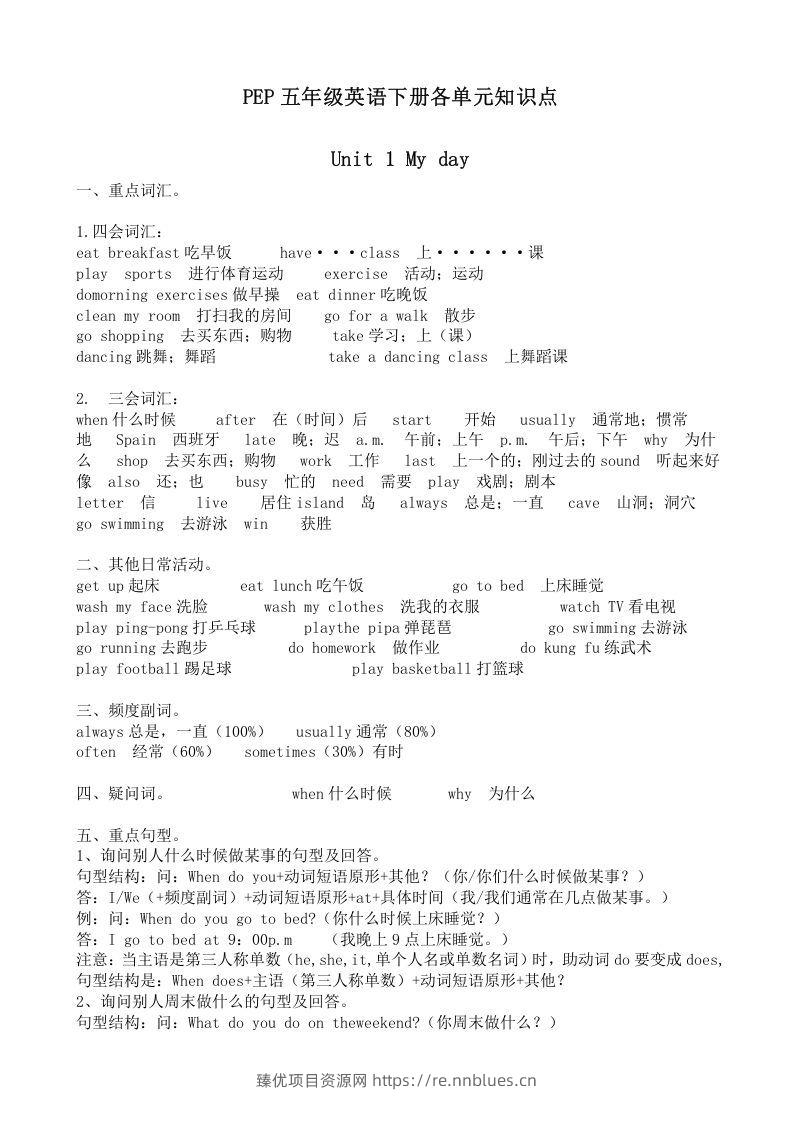 五年级英语下册五英下知识点21页（人教PEP版） - 臻优资源网
