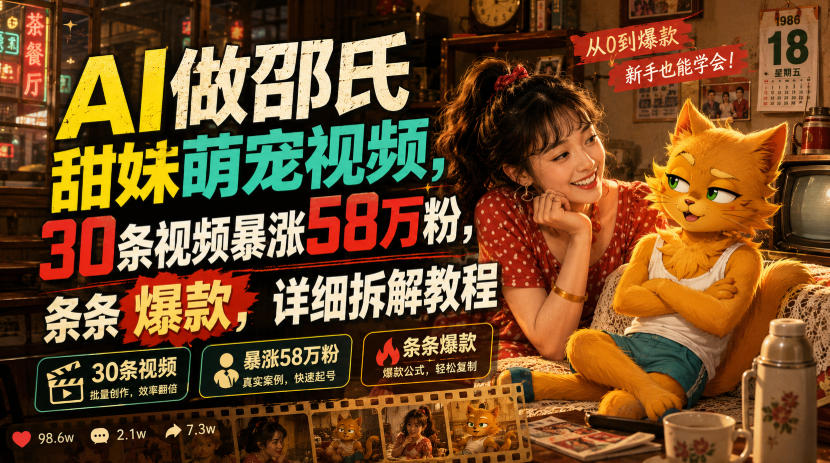 AI做邵氏甜妹萌宠视频，30条视频暴涨58万粉，条条爆款，详细拆解教程 - 臻优资源网
