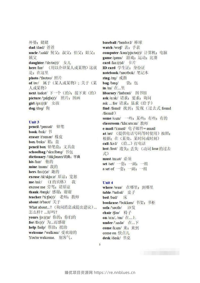 图片[3] - 初一英语上册：全册《单词表》（分单元、带音标、词意） - 臻优资源网