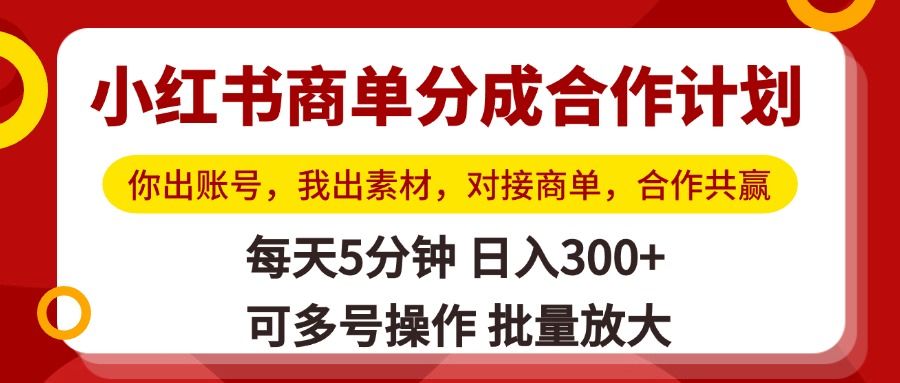 小红书商单分成合作计划,你出账号,我出素材,对接商单,合作共赢,单号日入300+,可批量放大 - 臻优资源网