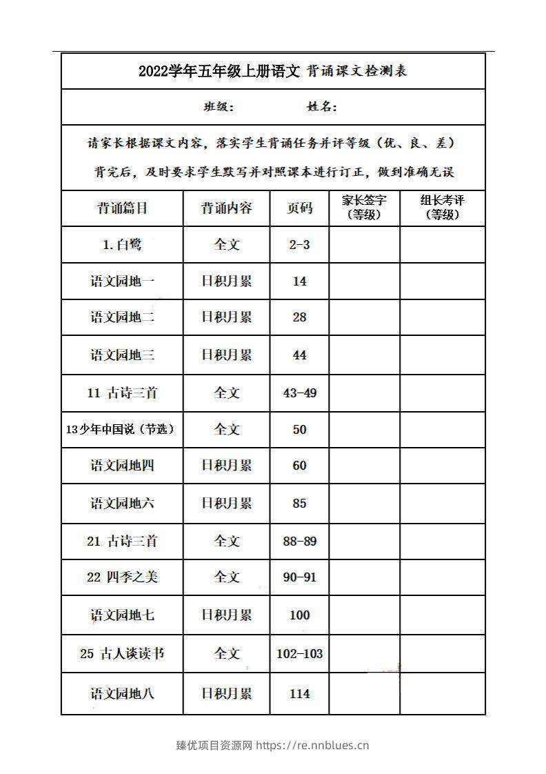 五上语文：课文背诵内容及闯关表 - 臻优资源网