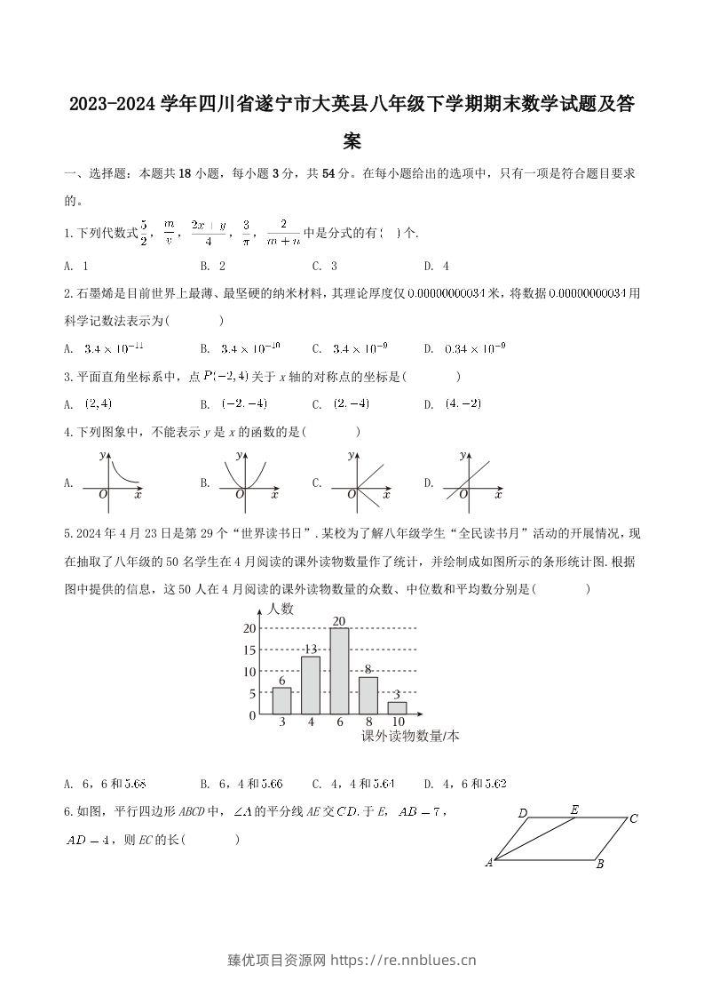 2023-2024学年四川省遂宁市大英县八年级下学期期末数学试题及答案(Word版) - 臻优资源网