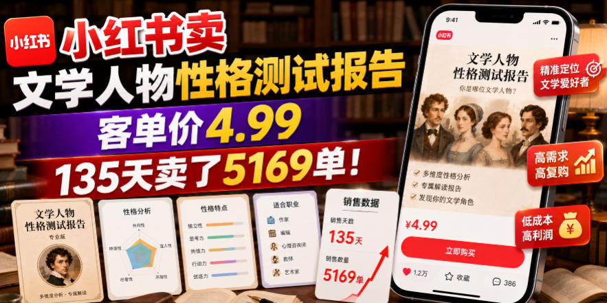 小红书卖文学人物性格测试报告，客单价4.99，135天卖了5169单！ - 臻优资源网