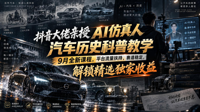 抖音大佬亲授AI仿真人汽车历史科普教学，9月全新课程，平台流量扶持，赛道稳定，解锁精选独家收益 - 臻优资源网