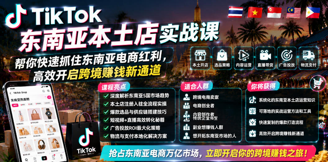 TikTok东南亚本土店实战课，帮你快速抓住东南亚电商红利，高效开启跨境賺钱新通道 - 臻优资源网