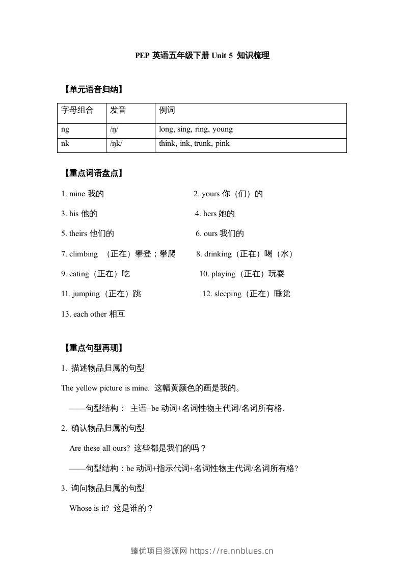 五年级英语下册【完美】单元知识梳理-Unit5Whosedogisit（人教PEP版） - 臻优资源网