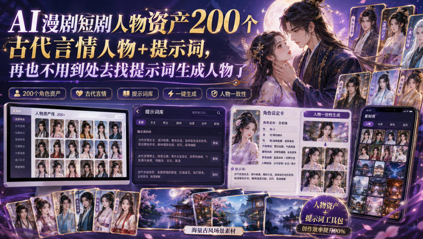 AI漫剧短剧人物资产200个古代言情人物+提示词，再也不用到处去找提示词生成人物了 - 臻优资源网