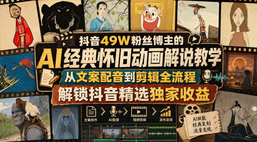抖音49W粉丝博主的AI经典怀旧动画解说教学，从文案配音到剪辑全流程，解锁抖音精选独家收益 - 臻优资源网