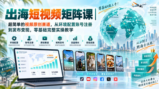 出海短视频矩阵课｜超简单的视频原创赛道，从环境配置账号注册到发布变现，零基础完整实操教学 - 臻优资源网