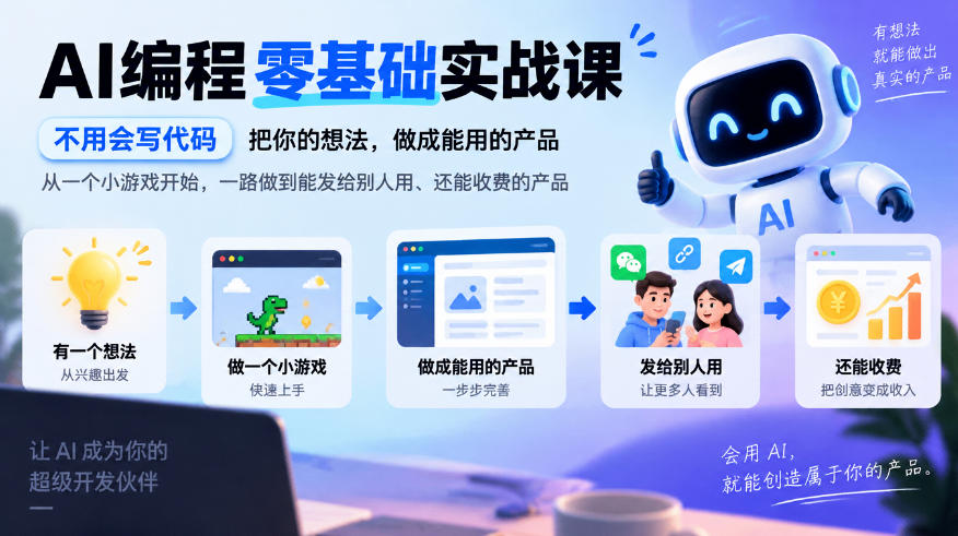 AI编程零基础实战课，不用会写代码，把你的想法，做成能用的产品，从一个小游戏开始，一路做到能发给别人用、还能收费的产品 - 臻优资源网