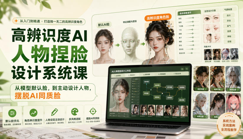 高辨识度AI人物捏脸设计系统课，从模型默认脸，到主动设计人物，摆脱AI同质脸 - 臻优资源网