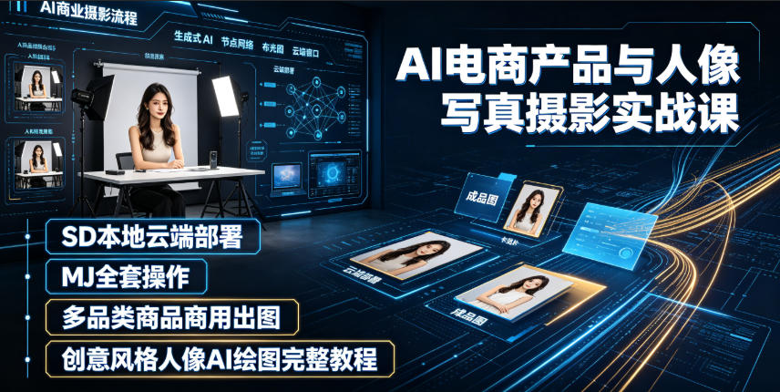 AI电商产品与人像写真摄影实战课｜SD本地云端部署、MJ全套操作、多品类商品商用出图、创意风格人像AI绘图完整教程 - 臻优资源网