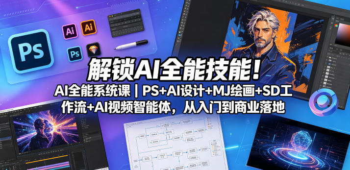 解锁AI全能技能！AI全能系统课｜PS+AI设计+MJ绘画+SD工作流+AI视频智能体，从入门到商业落地 - 臻优资源网