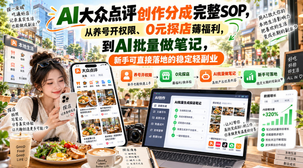 【无水印】AI大众点评创作分成完整SOP，从养号开权限、0元探店薅福利，到AI批量做笔记，新手可直接落地的稳定轻副业 - 臻优资源网