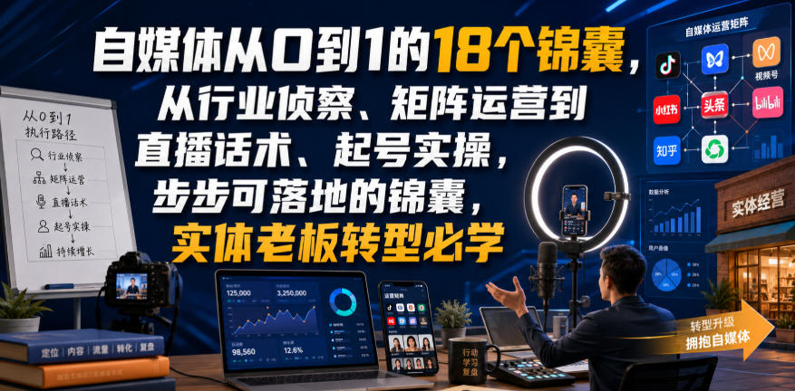 自媒体从0到1的18个锦囊，从行业侦察、矩阵运营到直播话术、起号实操，步步可落地的锦囊，实体老板转型必学 - 臻优资源网