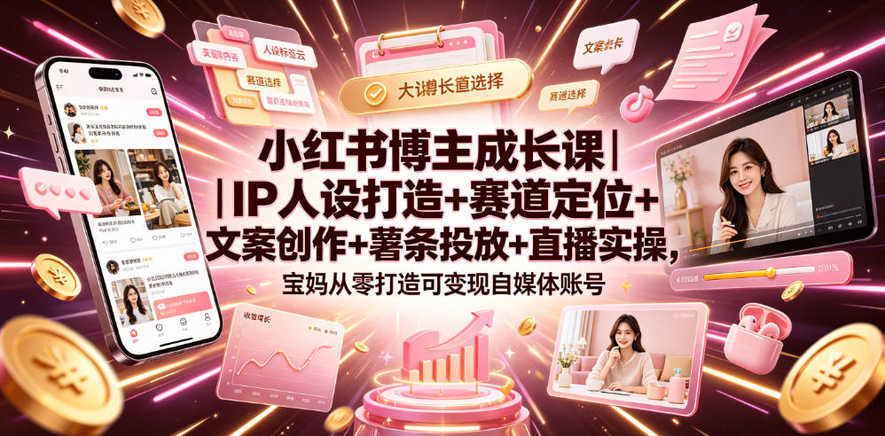 小红书博主成长课｜IP人设打造+赛道定位+文案创作+薯条投放+直播实操，宝妈从零打造可变现自媒体账号 - 臻优资源网
