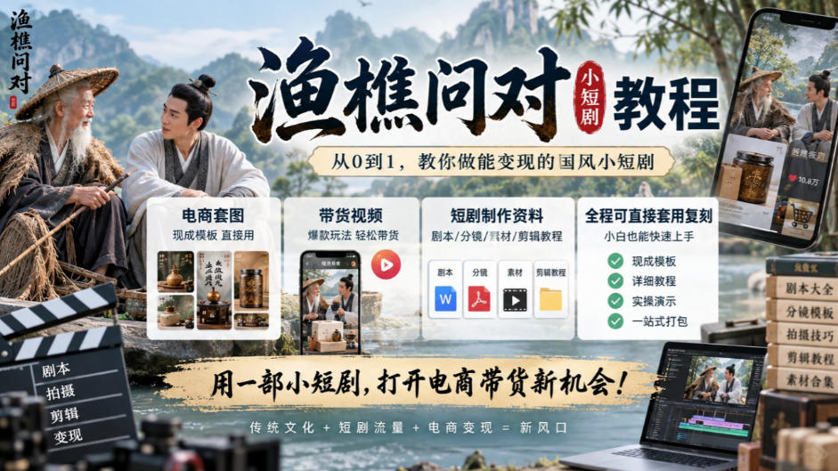 渔樵问对小短剧教程，包含电商套图、带货视频，短剧制作资料，全程可直接套用复刻 - 臻优资源网