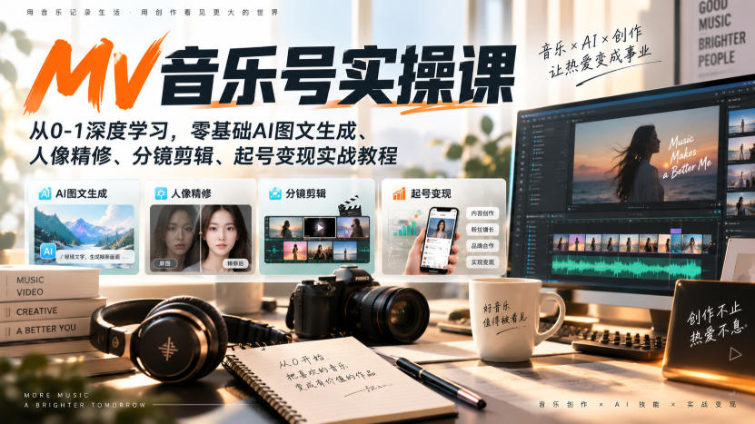 AI MV音乐号实操课，从0-1深度学习，零基础AI图文生成、人像精修、分镜剪辑、起号变现实战教程 - 臻优资源网