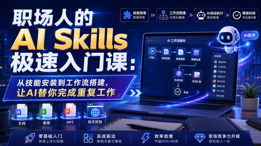 职场人的AI Skills极速入门课：从技能安装到工作流搭建，让AI替你完成重复工作 - 臻优资源网