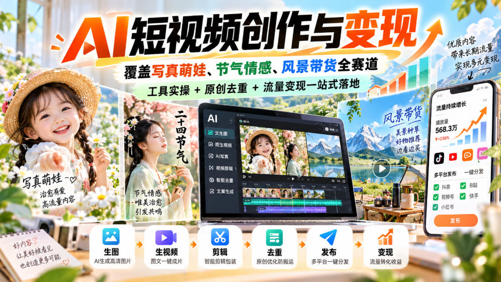 AI短视频创作与变现，覆盖写真萌娃、节气情感、风景带货全赛道，工具实操+原创去重+流量变现一站式落地 - 臻优资源网