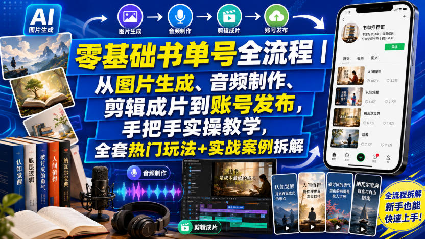 零基础书单号全流程｜从图片生成、音频制作、剪辑成片到账号发布，手把手实操教学，全套热门玩法+实战案例拆解 - 臻优资源网