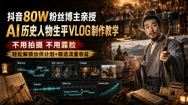 抖音80W粉丝博主的AI历史人物生平VLOG教学,不用拍摄不用露脸,AI帮你搞定,轻松解锁伙伴计划+精选收益 - 臻优资源网