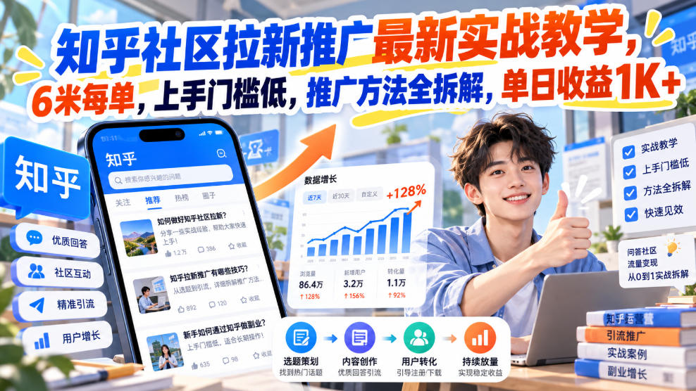 知乎社区拉新推广最新实战教学，6米每单，上手门槛低，推广方法全拆解，单日收益1K+！ - 臻优资源网