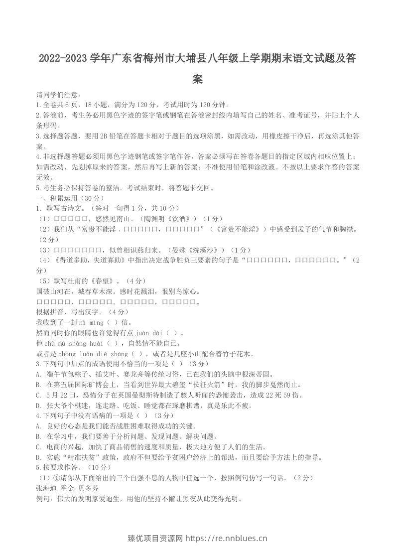 2022-2023学年广东省梅州市大埔县八年级上学期期末语文试题及答案(Word版) - 臻优资源网